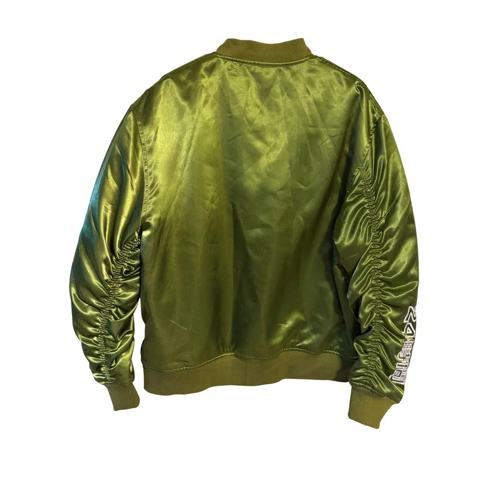 Reves Paris Olive Green Satin Ruched Bomber Jacket XL Streetwear Haring Murakami